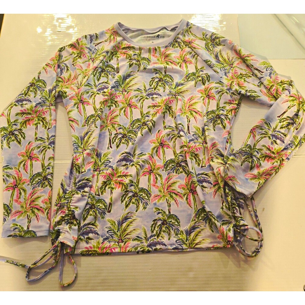 Caribbean Joe Women’s XL Rash Guard Palm Tree Tropical Long Sleeve Ruched Swim